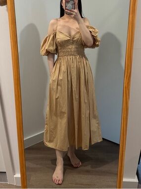 Beige Puff-Sleeve Midi Dress - Elegant Women's Summer Dress With Pockets